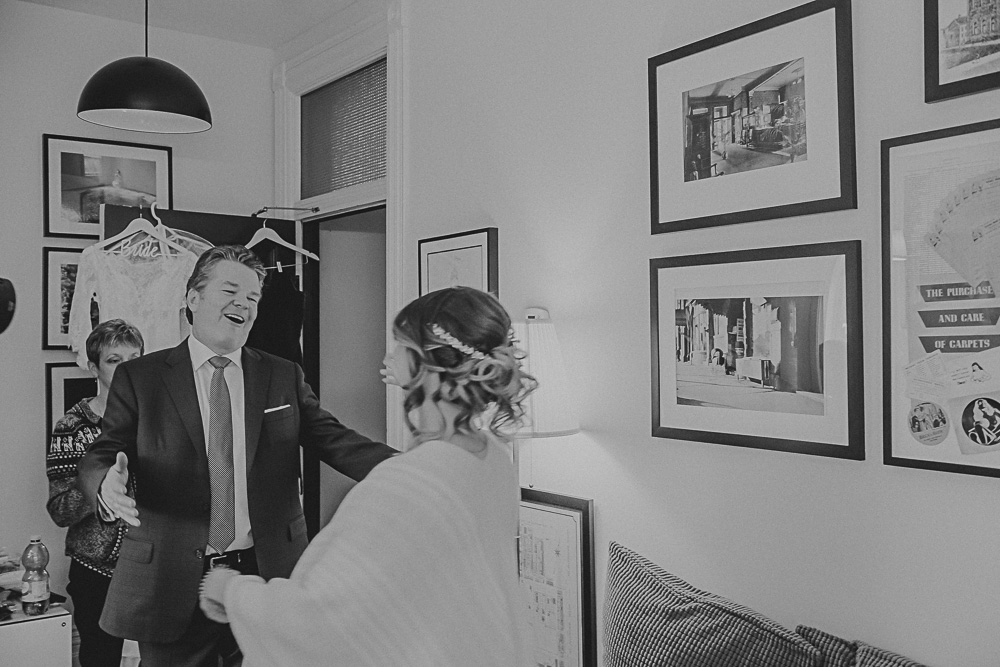 Gladstone Hotel first look session with bride's dad captured in a journalistic style