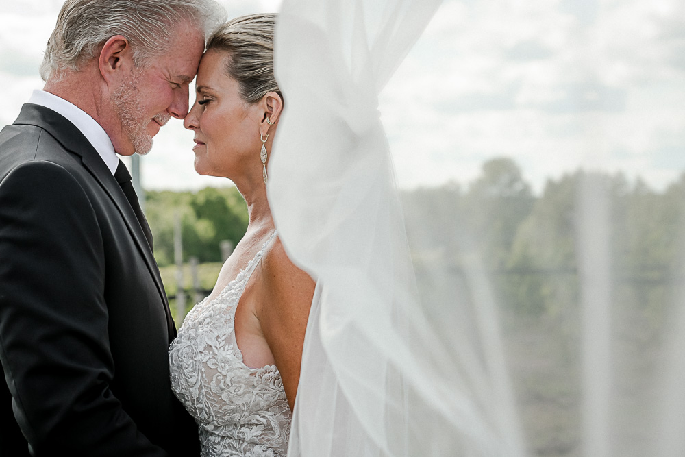 bride and groom under veil