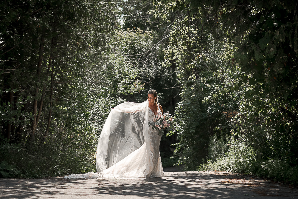 backlight portrait of bride and veil
