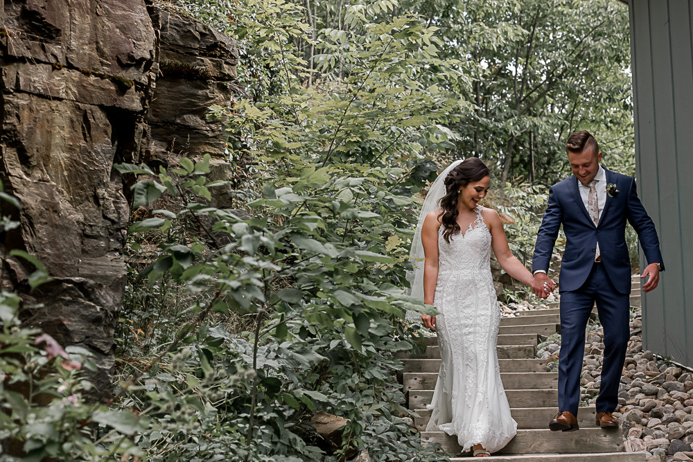 bride groom first look on stairs