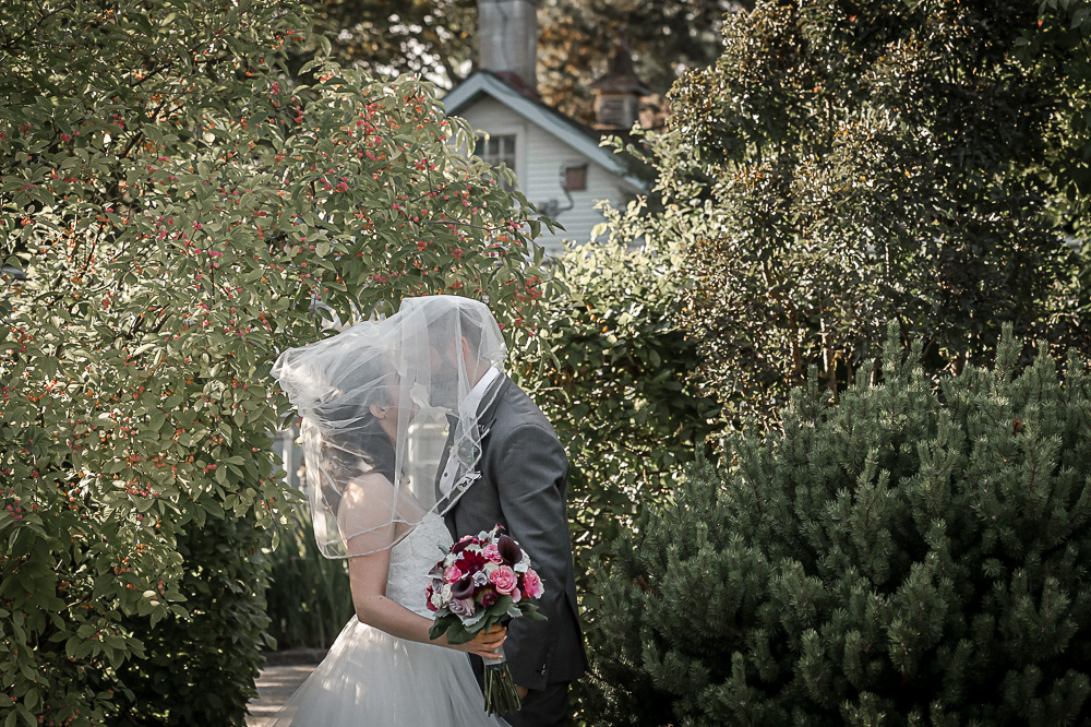 veil over couple in gardens