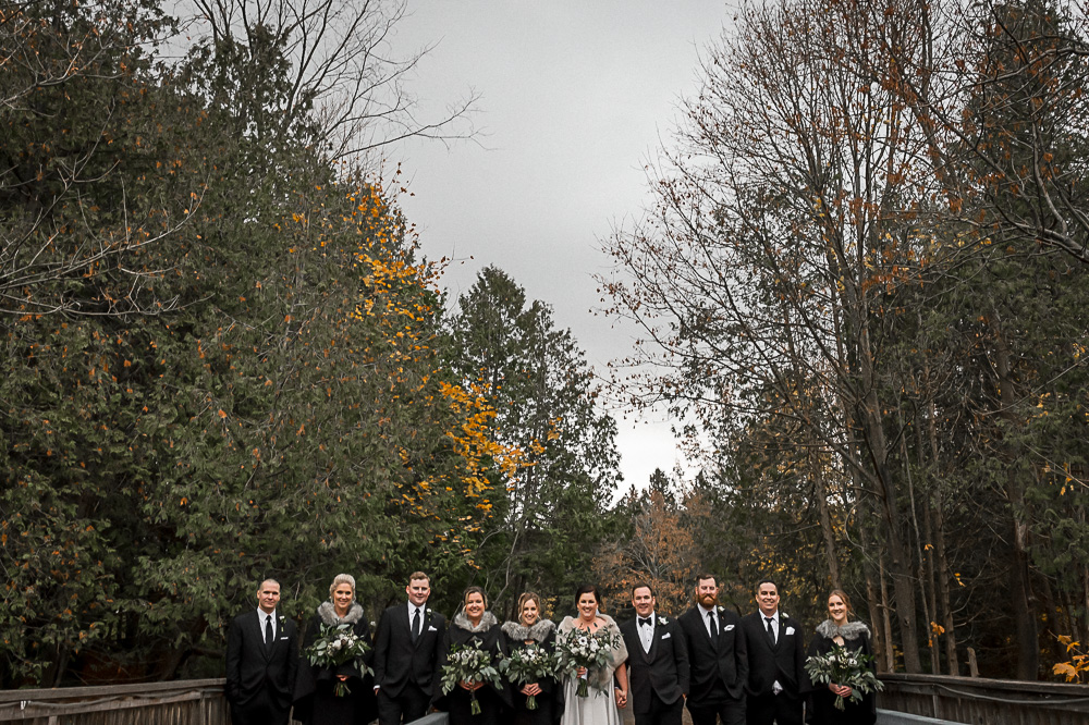 wedding party on bridge at Millcroft Inn