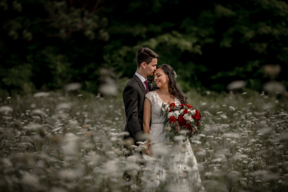 bride groom portait in field of flowers