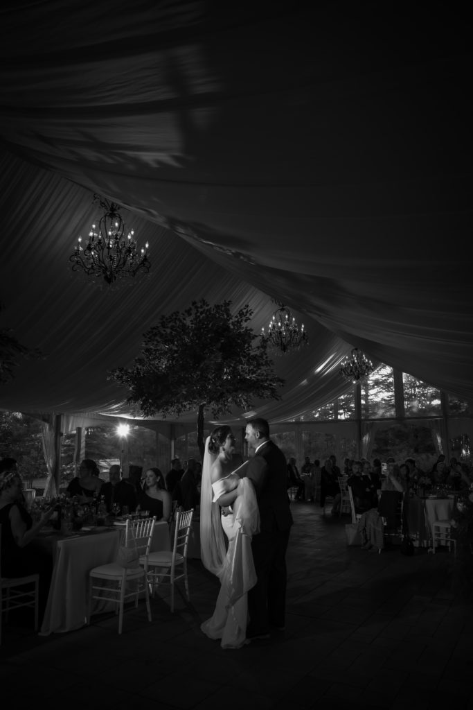 black and white photo of bride groom first dance
