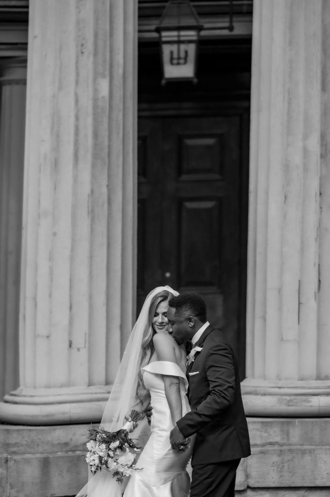 bride groom portrait with columns in hamilton